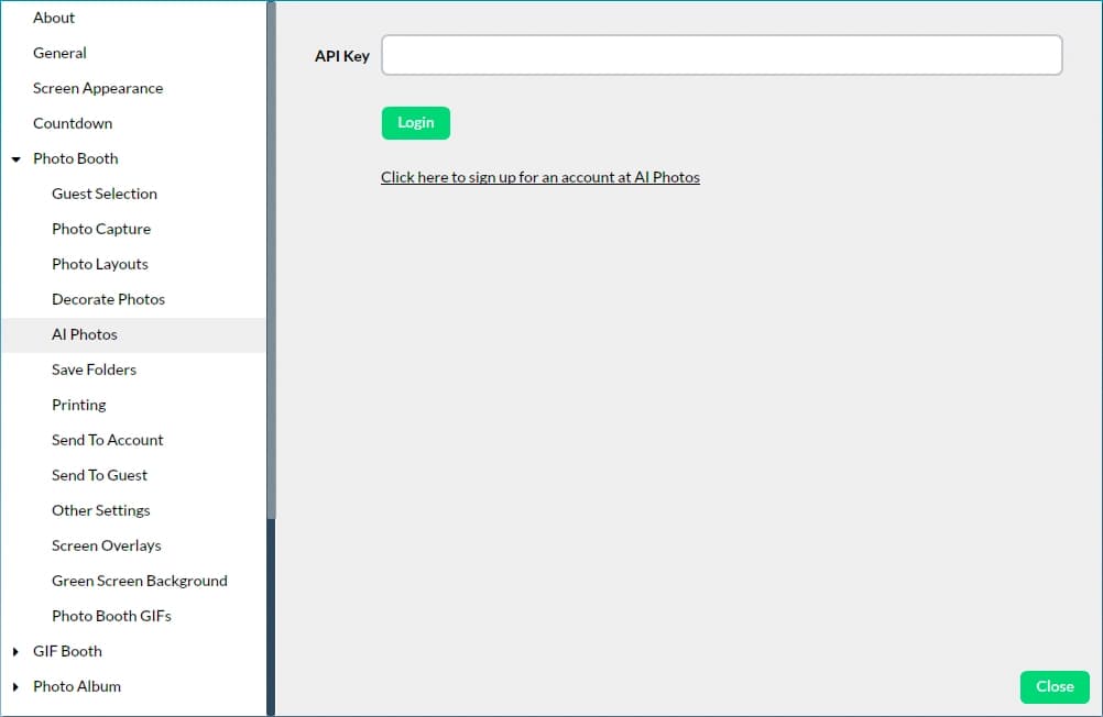 Sparkbooth's AI Photos panel with the prompt list visible after sign-in