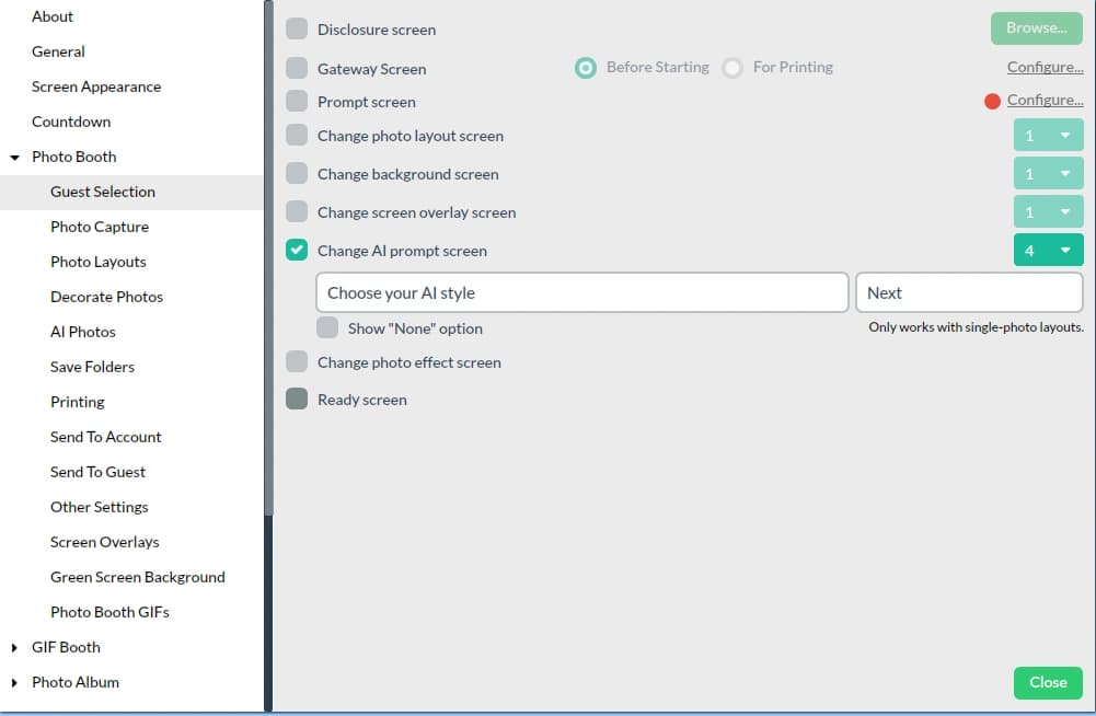 Guest Selection settings with Change AI prompt screen enabled